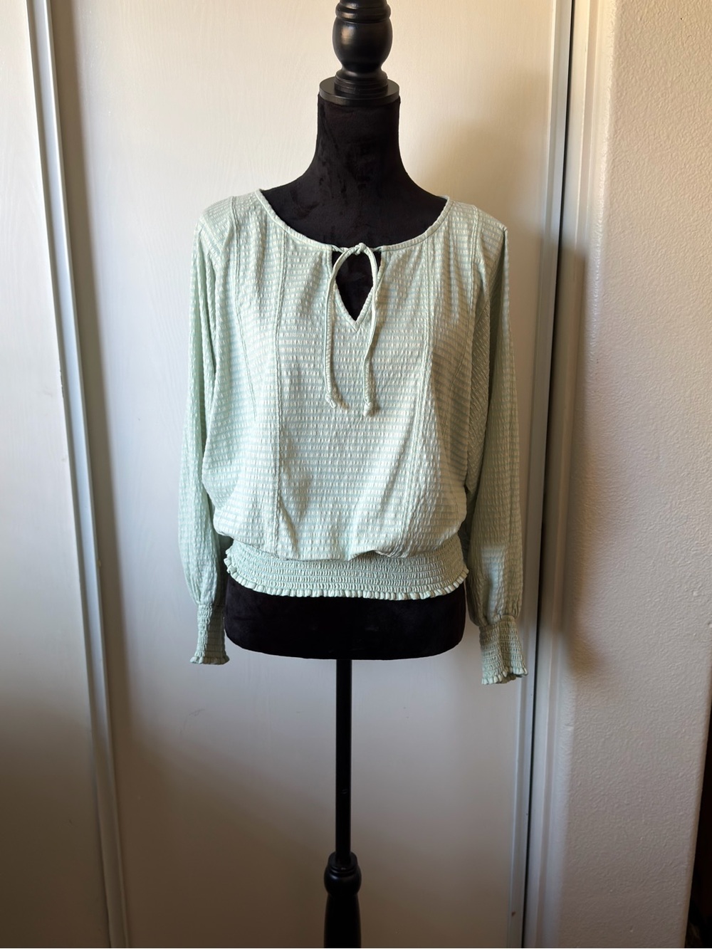Anthropologie Sage Green Textured Keyhole Tie Top | Smocked Hem & Cuffs